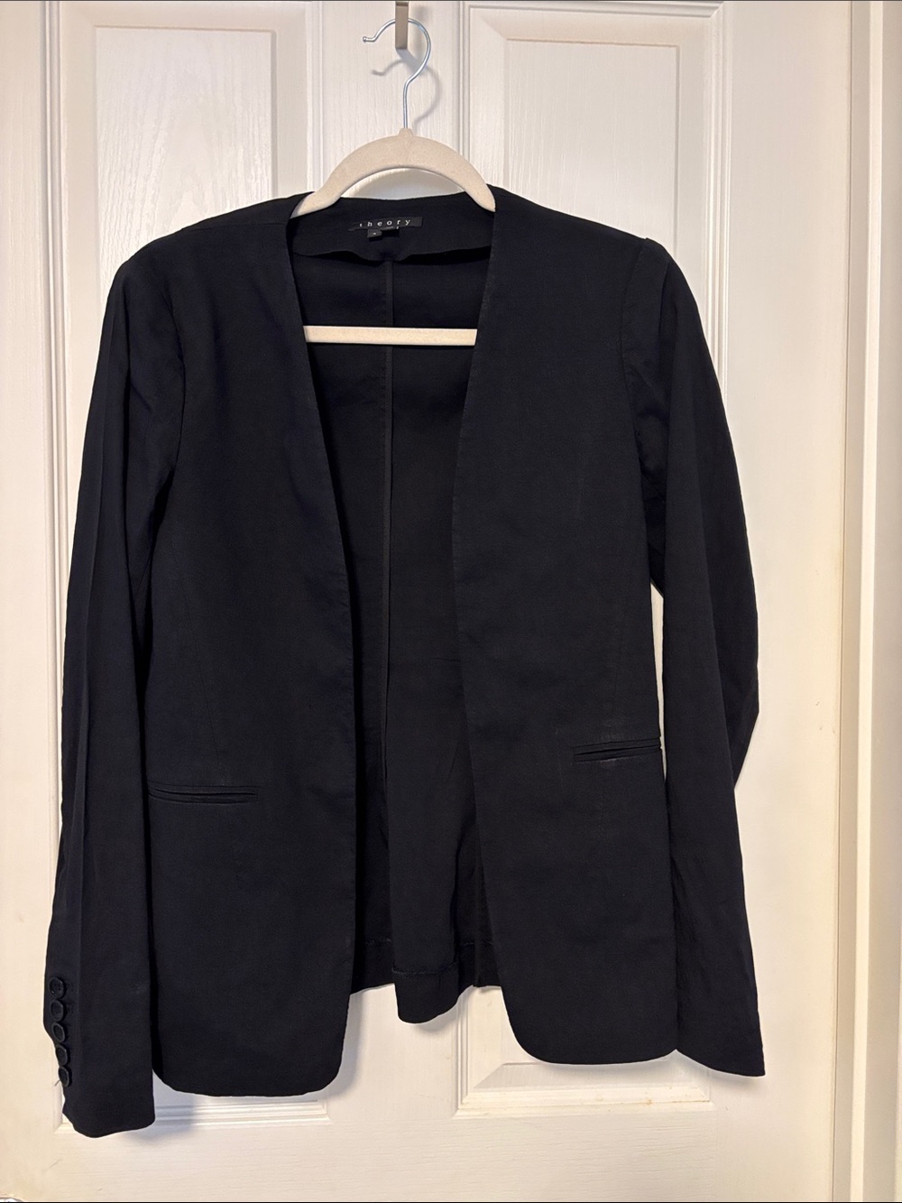 Theory Black Open-Front Slim Linen Blazer